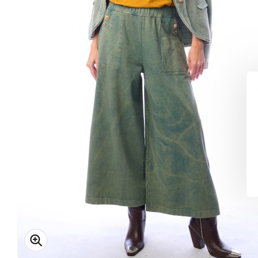 Aratta Silent Journey Wide Leg Pants Green Mineral Wash Boho Sage Large gf